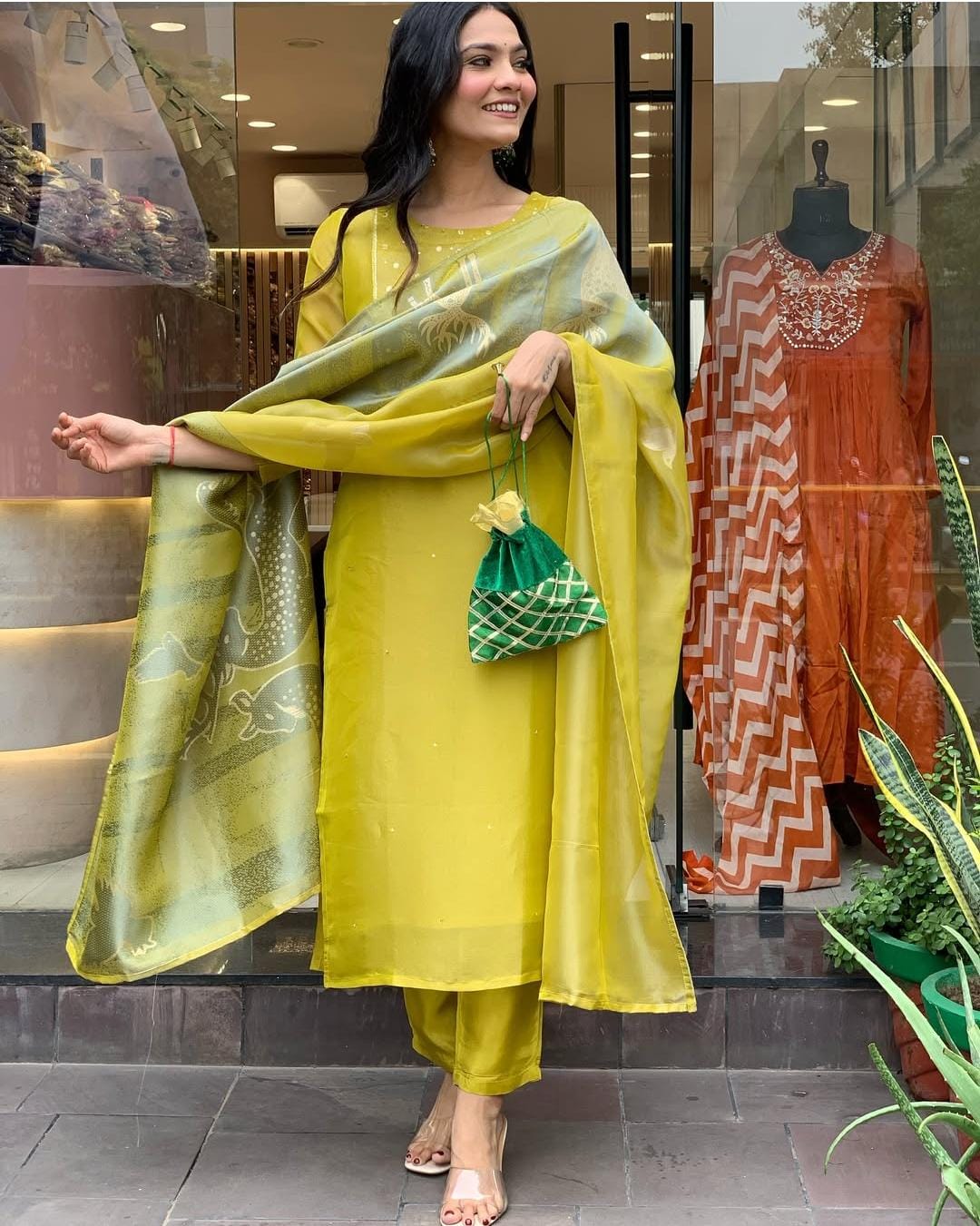 Elegant Lime Silk Suit Set