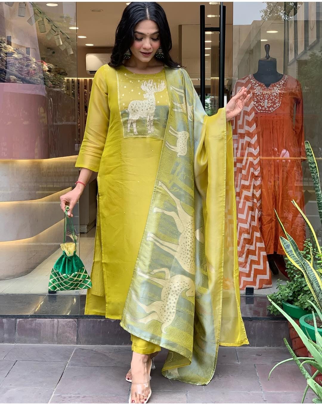 Elegant Lime Silk Suit Set