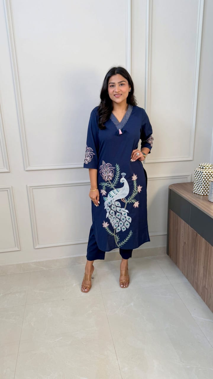 Women Blue Cotton Kurti Set