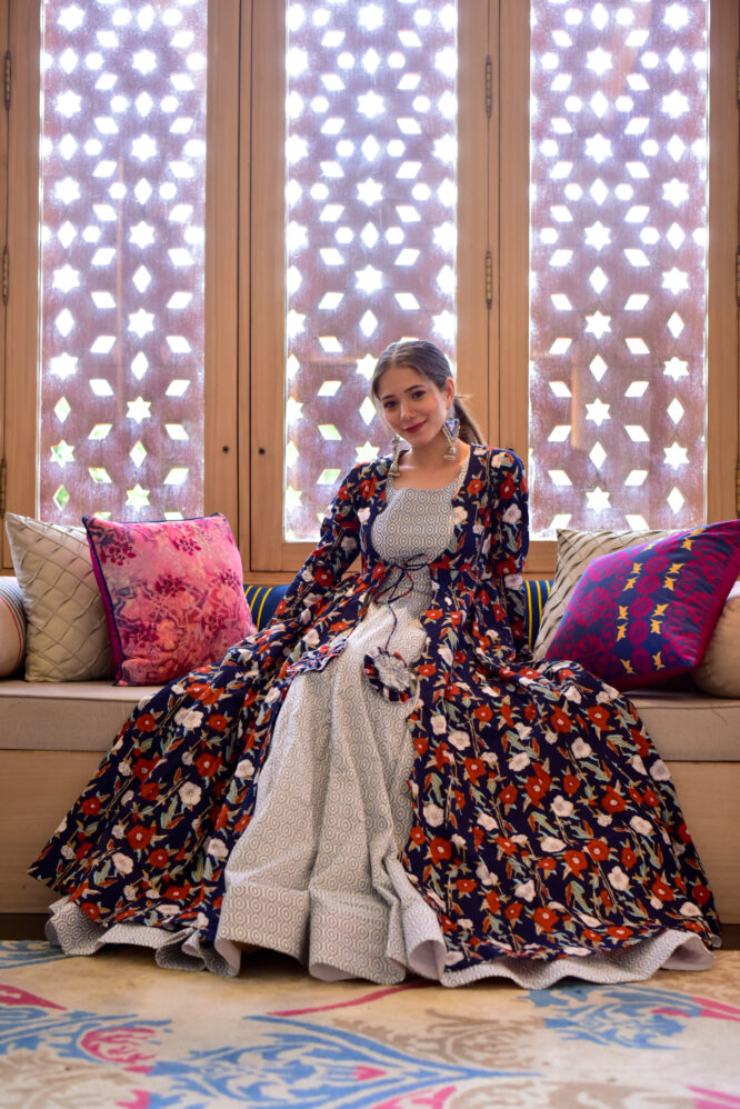 Elegant Printed Crop Top & Skirt with Long Shrug Set