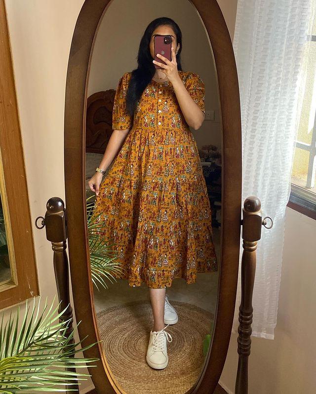 Rustic Mustard Handblock Printed Midi Dress