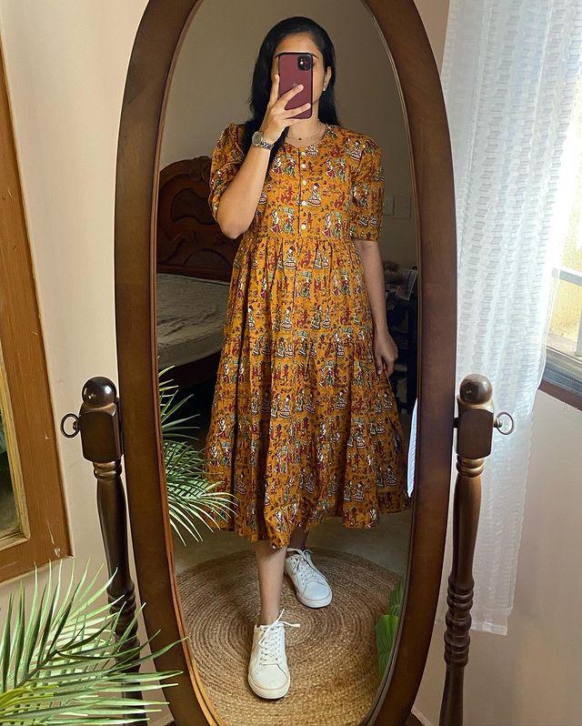 Rustic Mustard Handblock Printed Midi Dress