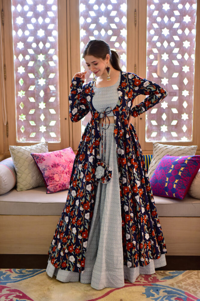 Elegant Printed Crop Top & Skirt with Long Shrug Set