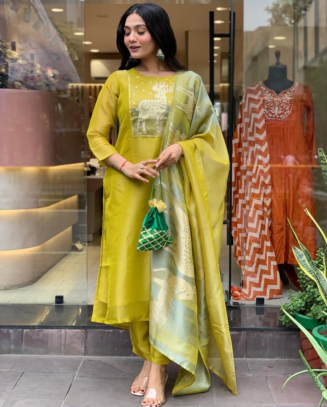 Elegant Lime Silk Suit Set