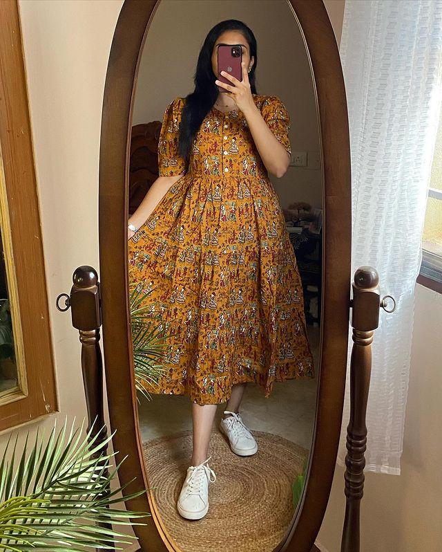 Rustic Mustard Handblock Printed Midi Dress